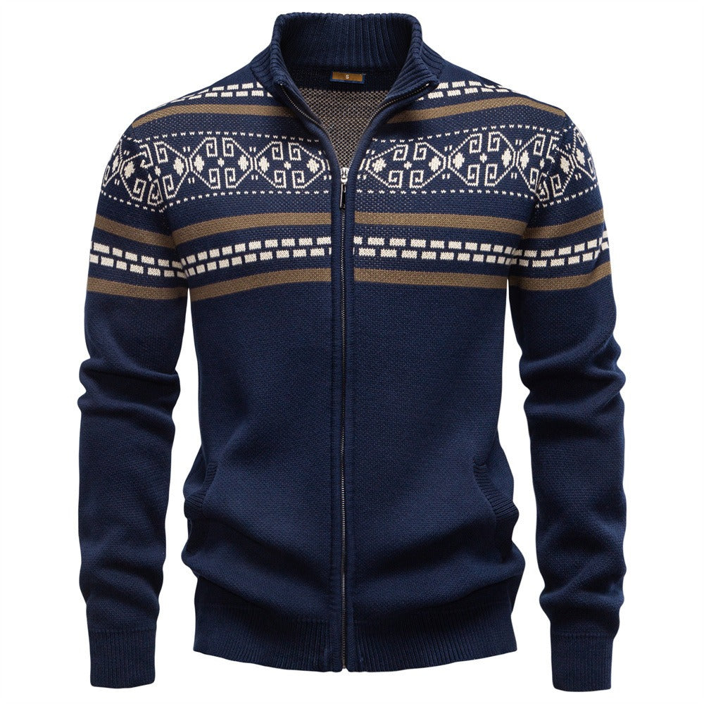 Nordisches Muster Zip Pullover Herren Stehkragen Strick