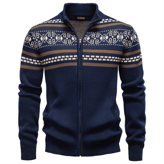 Nordisches Muster Zip Pullover Herren Stehkragen Strick