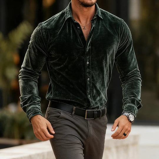 Eleganter Samt Hemd Herren Langarm Luxus Abend Casual