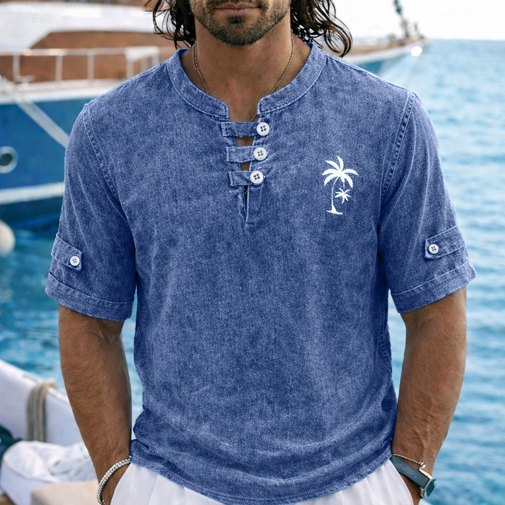 Vintage Washed Henley T-Shirt Herren Baumwolle Sommer
