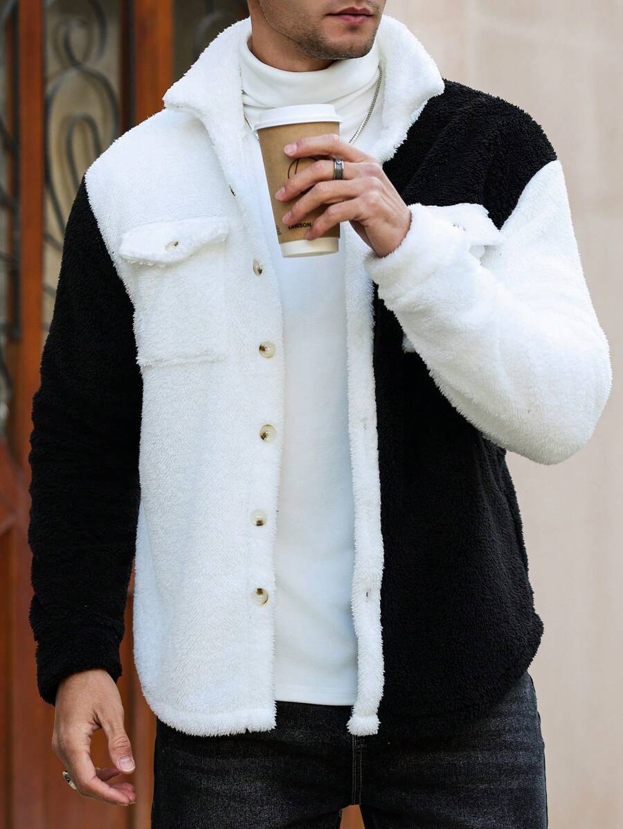 Teddy Jacke Herren Knopfleiste Kontrast Warm Winter