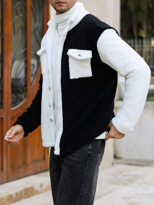 Teddy Jacke Herren Knopfleiste Kontrast Warm Winter