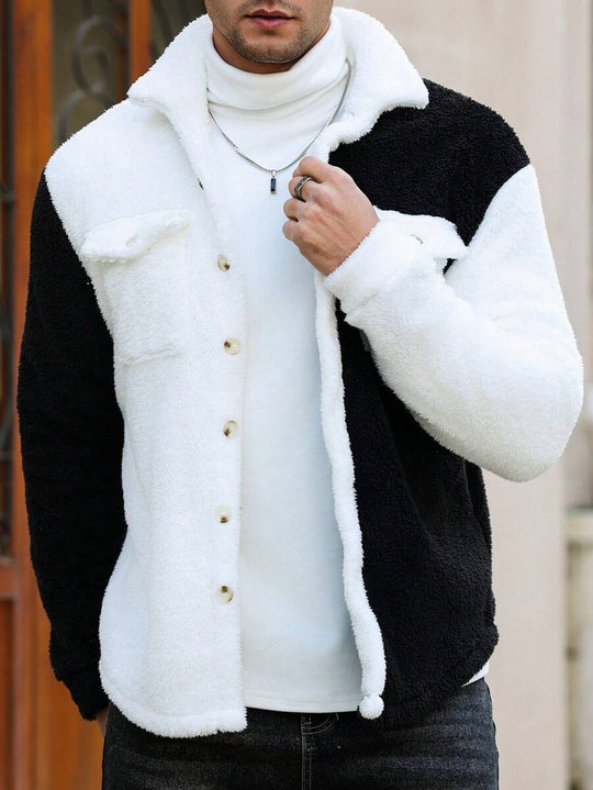 Teddy Jacke Herren Knopfleiste Kontrast Warm Winter