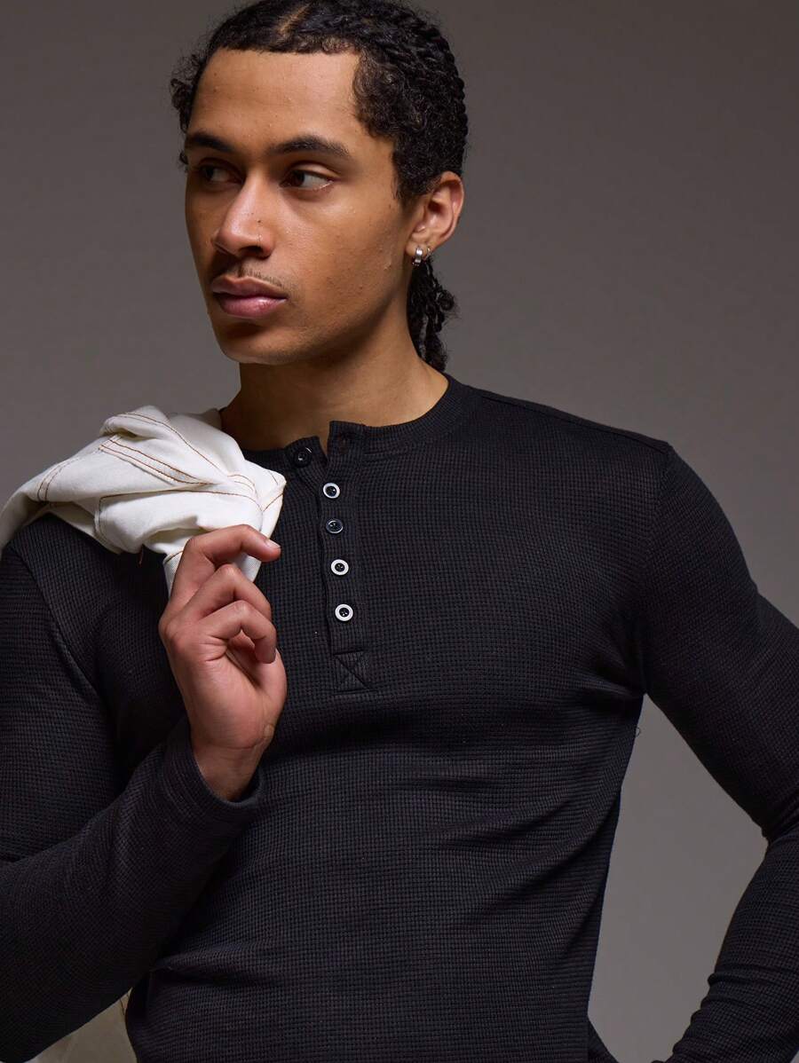 Waffelstrick Henley Herren Langarm mit Knopfleiste