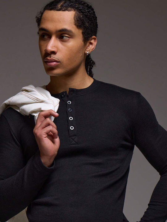 Waffelstrick Henley Herren Langarm mit Knopfleiste