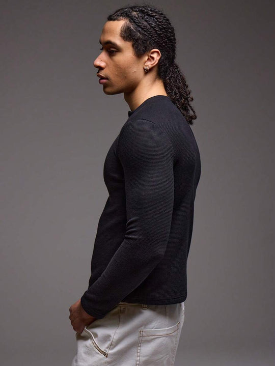 Waffelstrick Henley Herren Langarm mit Knopfleiste