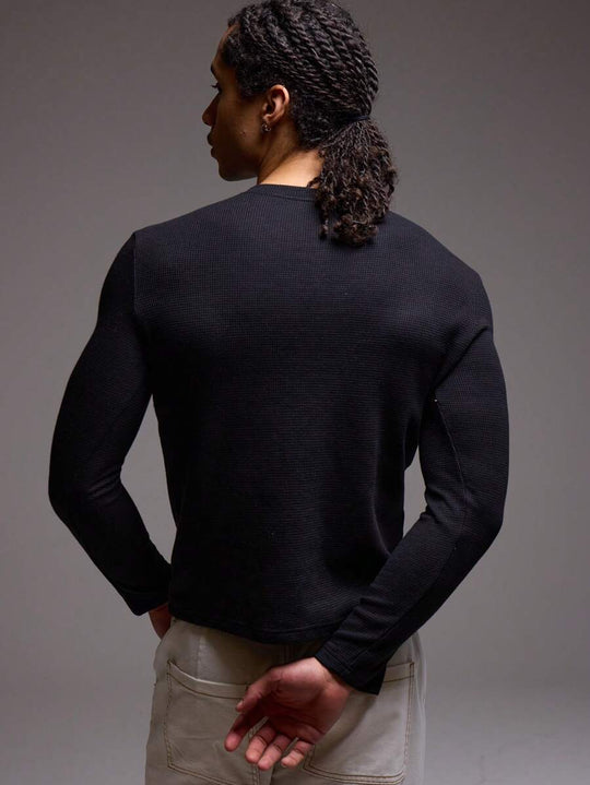 Waffelstrick Henley Herren Langarm mit Knopfleiste