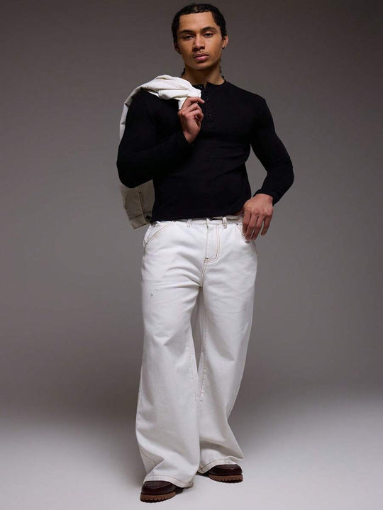 Waffelstrick Henley Herren Langarm mit Knopfleiste
