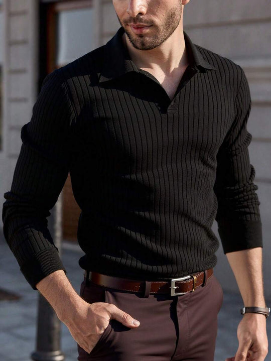 Geripptes Strick Poloshirt Herren Langarm Minimalistisch