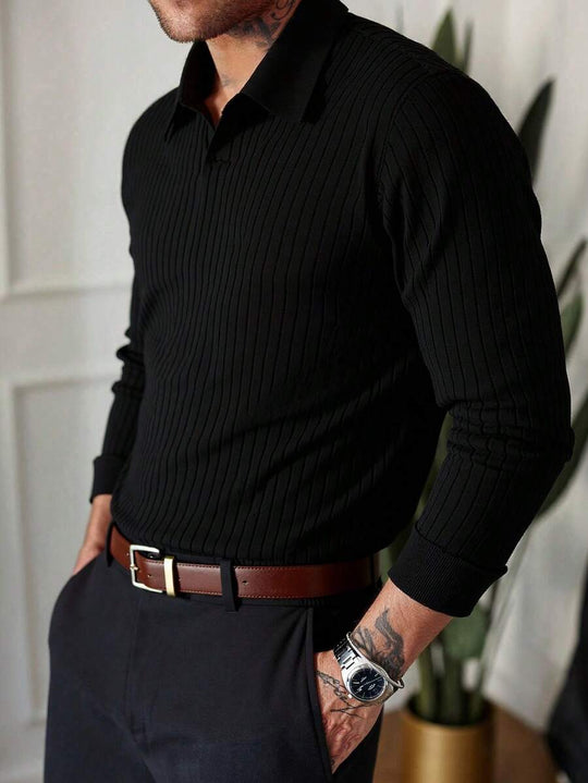 Geripptes Strick Poloshirt Herren Langarm Minimalistisch