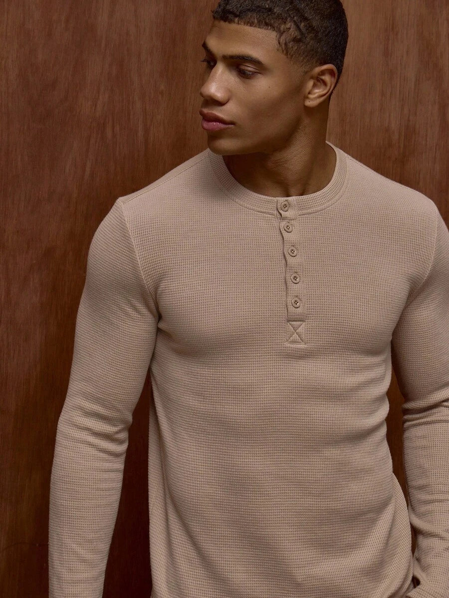 Waffelstrick Henley Herren Langarm mit Knopfleiste