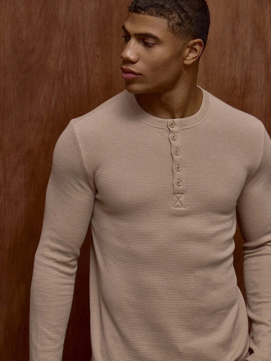 Waffelstrick Henley Herren Langarm mit Knopfleiste
