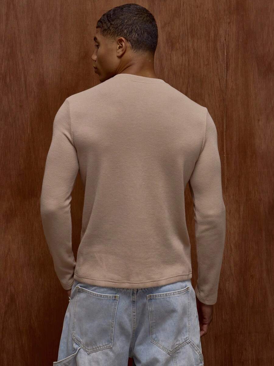 Waffelstrick Henley Herren Langarm mit Knopfleiste