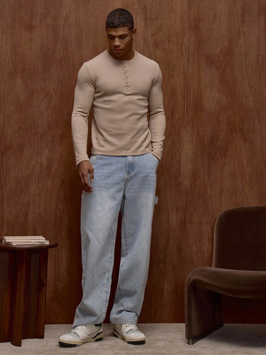 Waffelstrick Henley Herren Langarm mit Knopfleiste