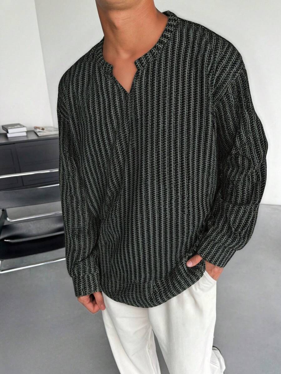 Fischgrat Feinstrick Shirt Herren Langarm Ausschnitt