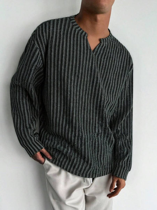 Fischgrat Feinstrick Shirt Herren Langarm Ausschnitt