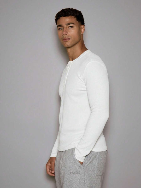 Waffelstrick Henley Herren Langarm mit Knopfleiste