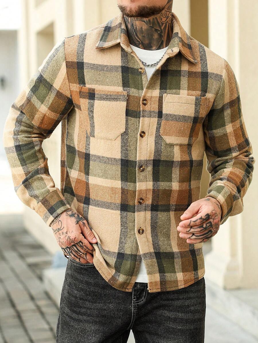 Karierte Flanell Hemdjacke Herren Shacket Knopfleiste