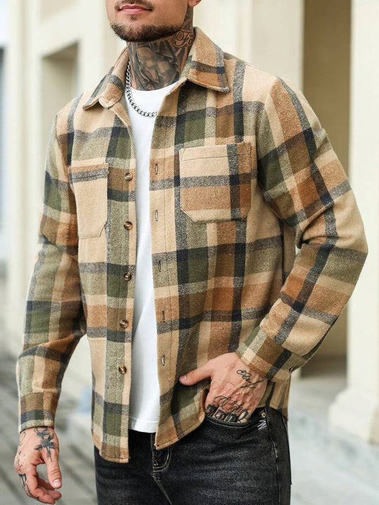 Karierte Flanell Hemdjacke Herren Shacket Knopfleiste
