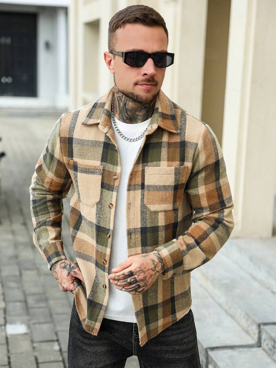 Karierte Flanell Hemdjacke Herren Shacket Knopfleiste
