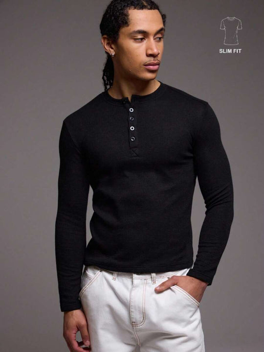 Waffelstrick Henley Herren Langarm mit Knopfleiste
