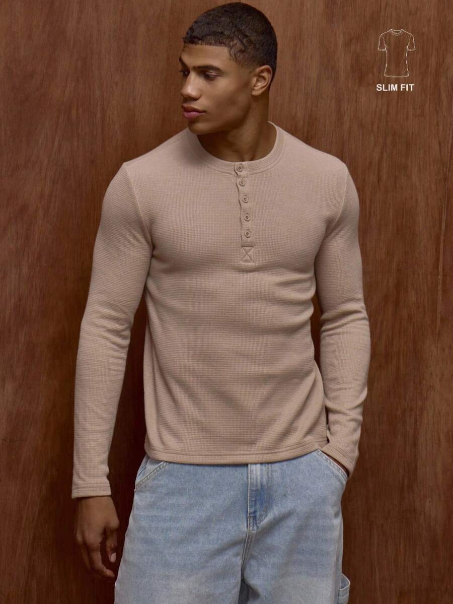 Waffelstrick Henley Herren Langarm mit Knopfleiste