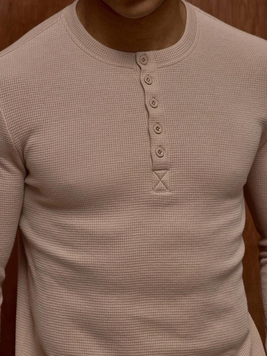 Waffelstrick Henley Herren Langarm mit Knopfleiste