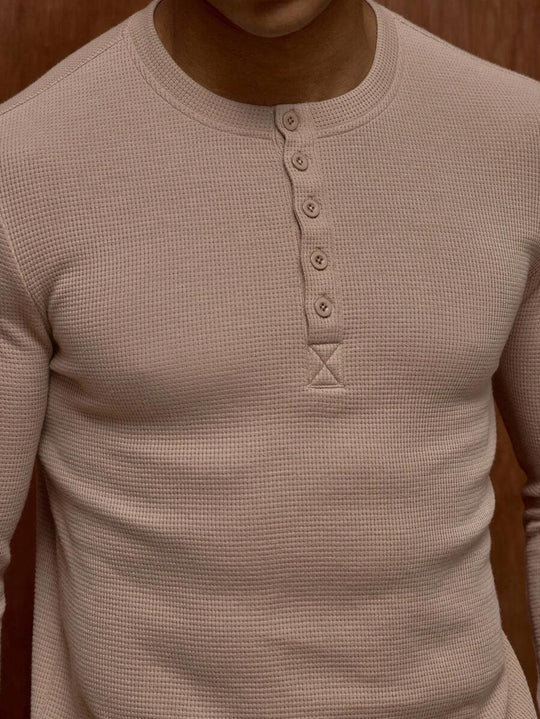 Waffelstrick Henley Herren Langarm mit Knopfleiste