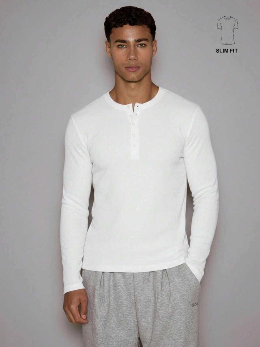 Waffelstrick Henley Herren Langarm mit Knopfleiste