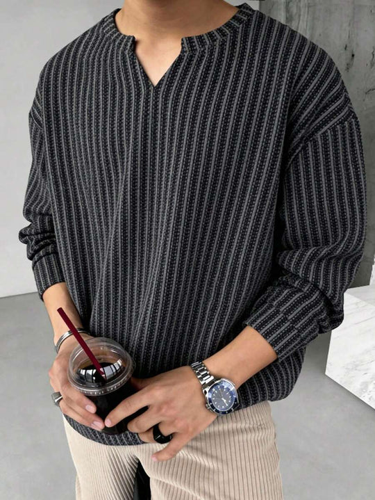 Fischgrat Feinstrick Shirt Herren Langarm Ausschnitt
