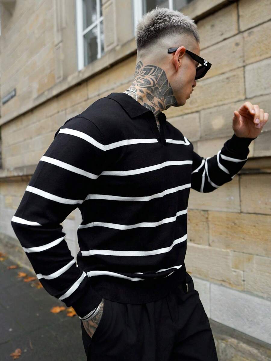 Gestreifter Strickpullover Herren Kragen Locker Rippstrick