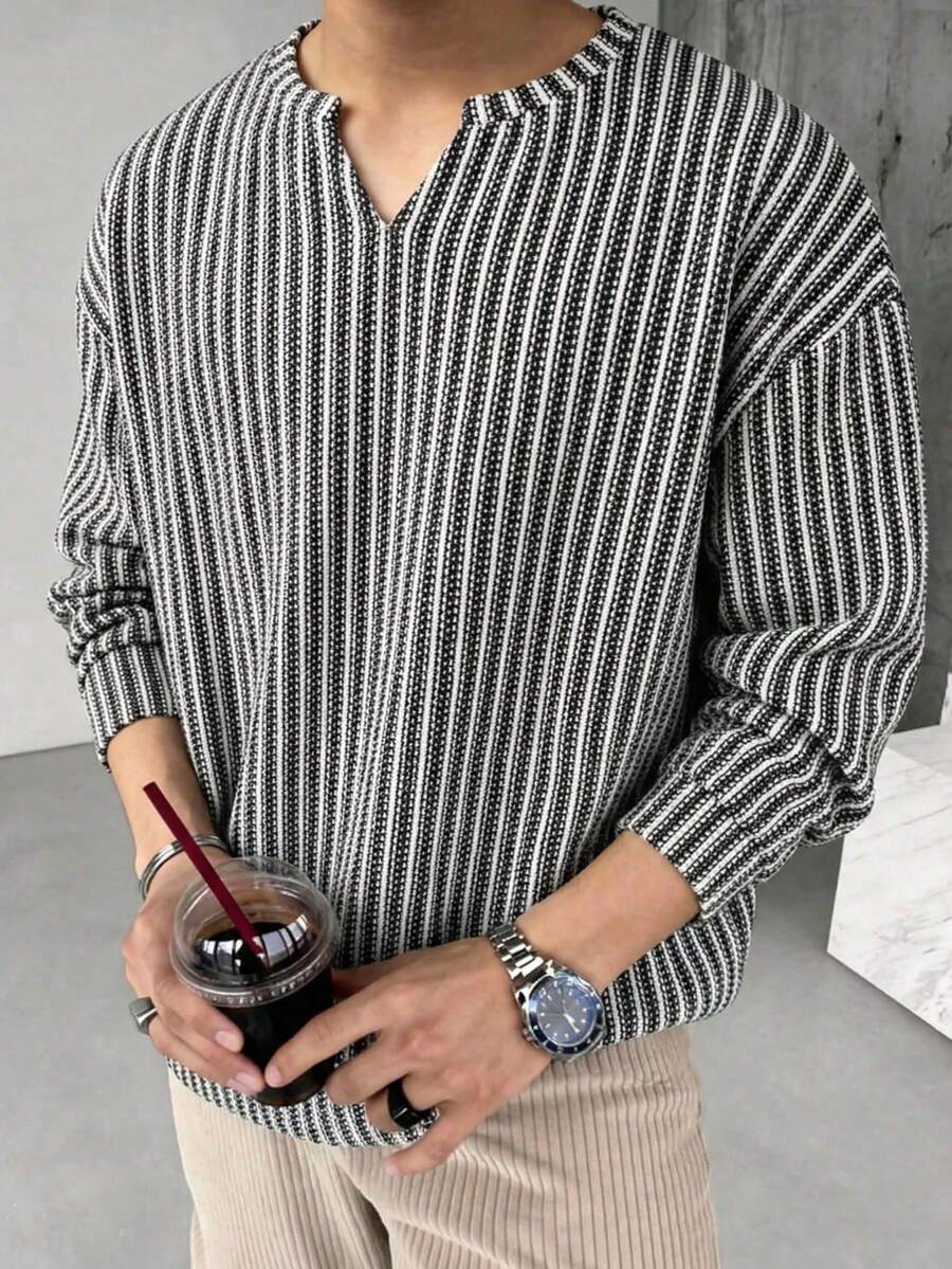 Fischgrat Feinstrick Shirt Herren Langarm Ausschnitt