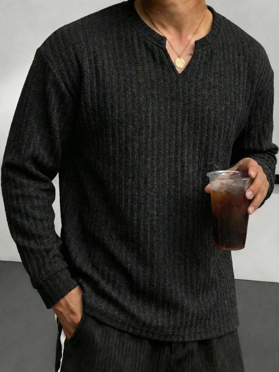Fischgrat Feinstrick Shirt Herren Langarm Ausschnitt