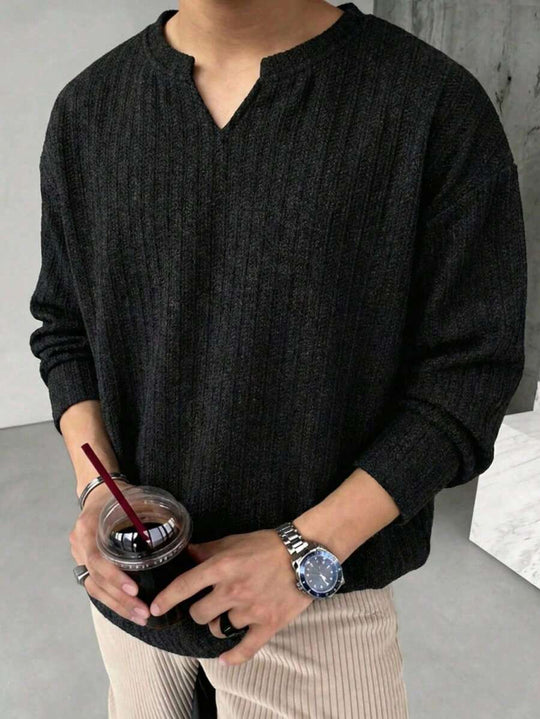 Fischgrat Feinstrick Shirt Herren Langarm Ausschnitt