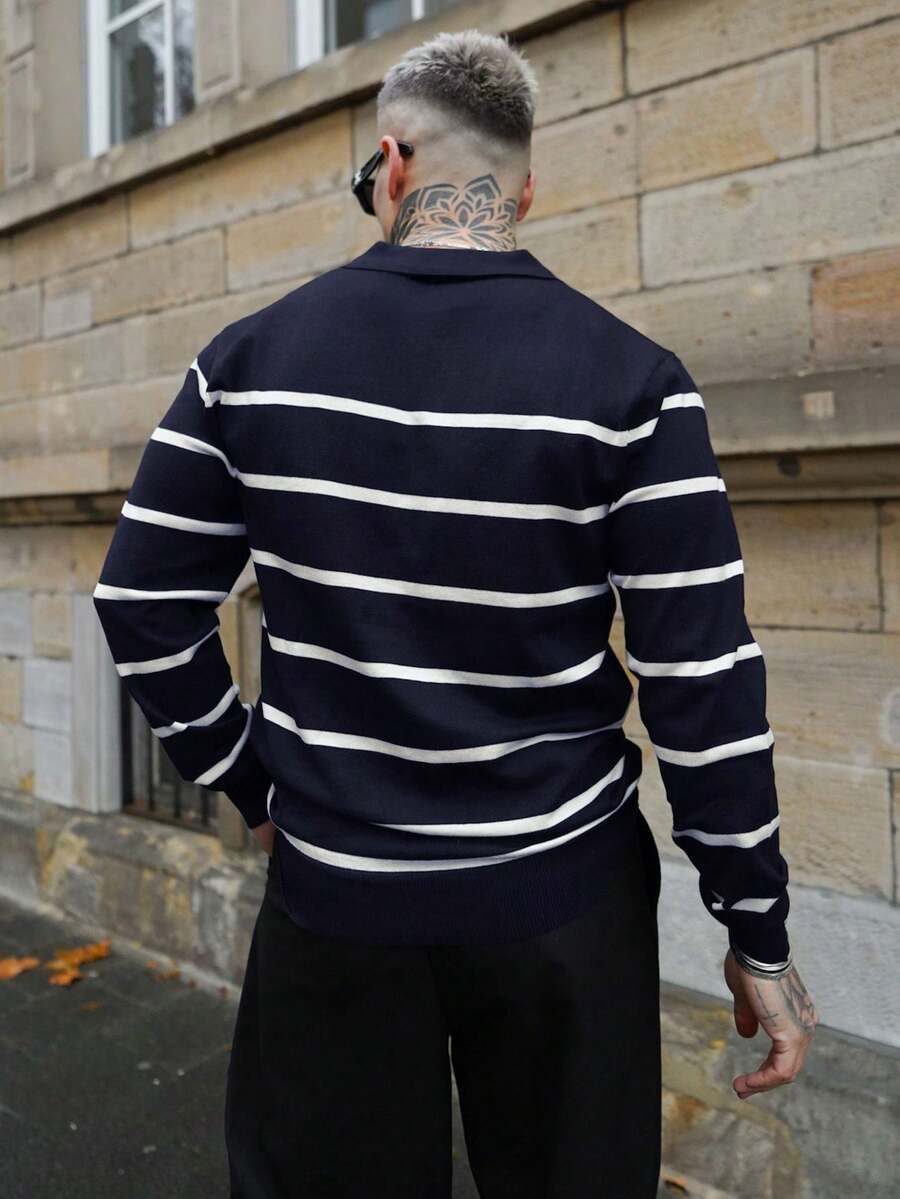 Gestreifter Strickpullover Herren Kragen Locker Rippstrick