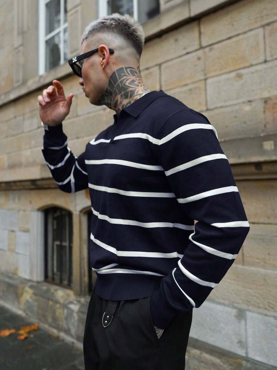 Gestreifter Strickpullover Herren Kragen Locker Rippstrick