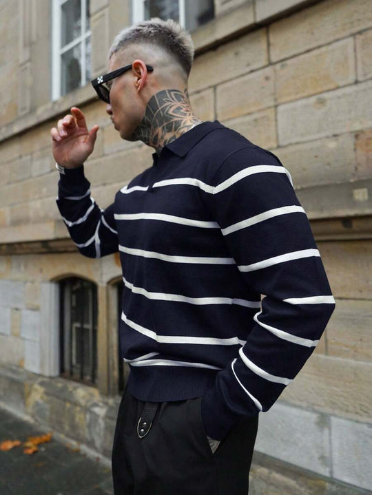 Gestreifter Strickpullover Herren Kragen Locker Rippstrick
