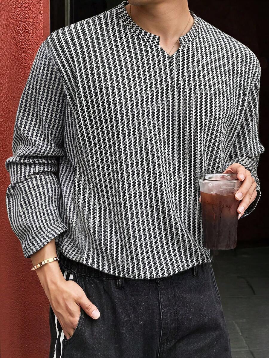Fischgrat Feinstrick Shirt Herren Langarm Ausschnitt