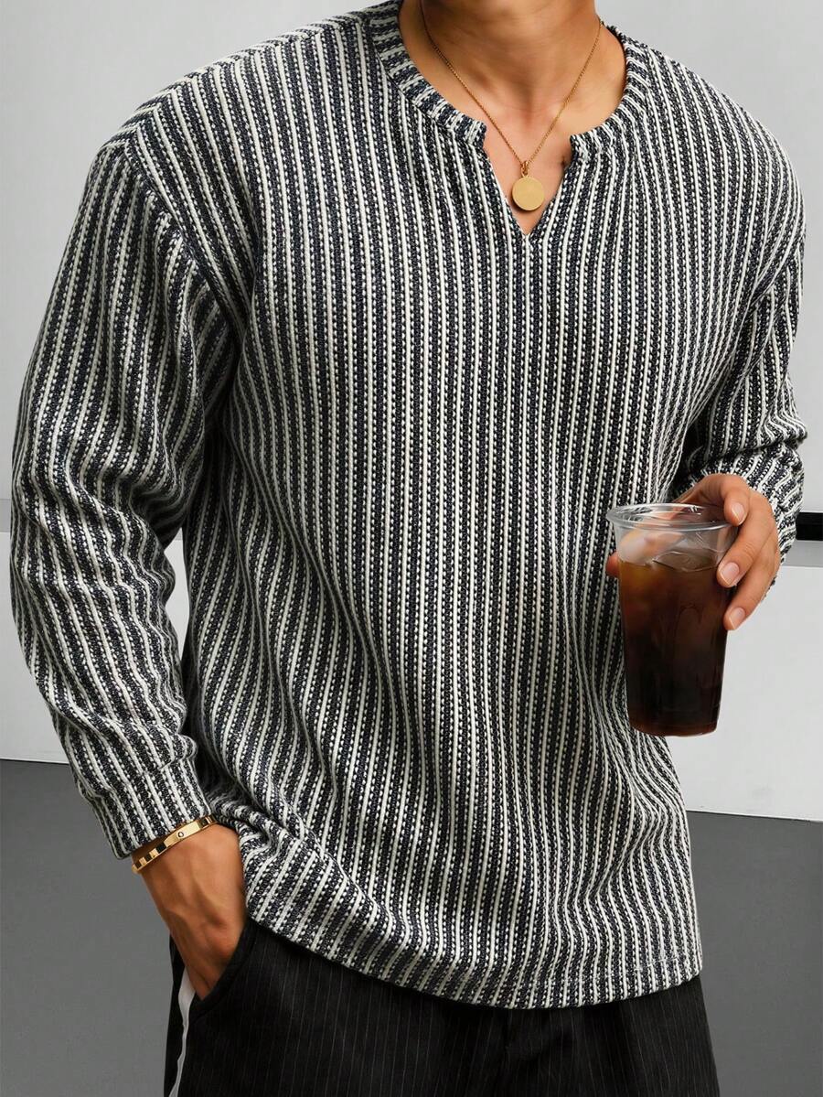 Fischgrat Feinstrick Shirt Herren Langarm Ausschnitt