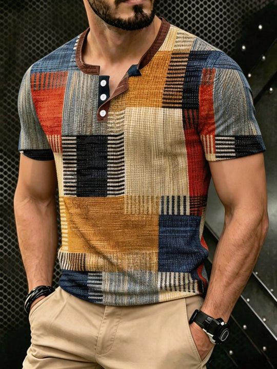 Men's Plaid Number 3D Print Color Block Henley Short Sleeve Shirt