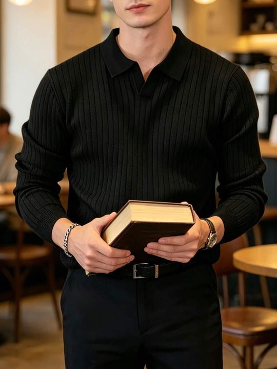 Geripptes Strick Poloshirt Herren Langarm Minimalistisch