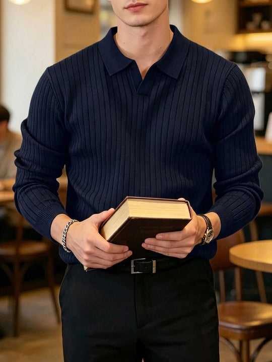 Geripptes Strick Poloshirt Herren Langarm Minimalistisch
