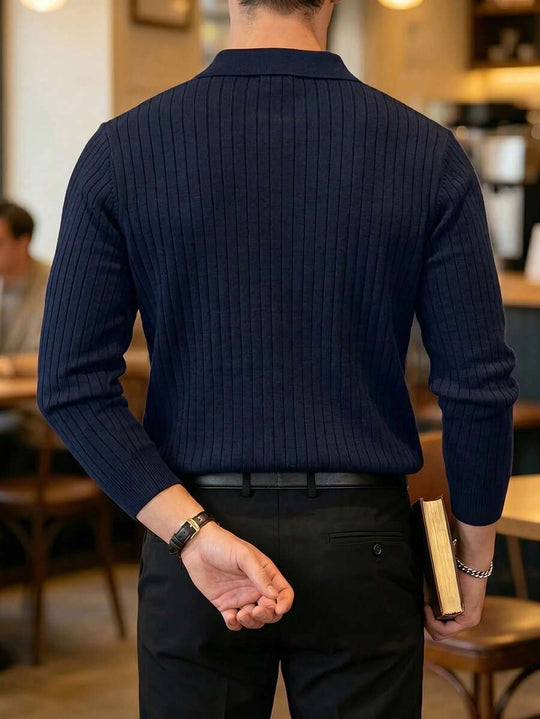 Geripptes Strick Poloshirt Herren Langarm Minimalistisch