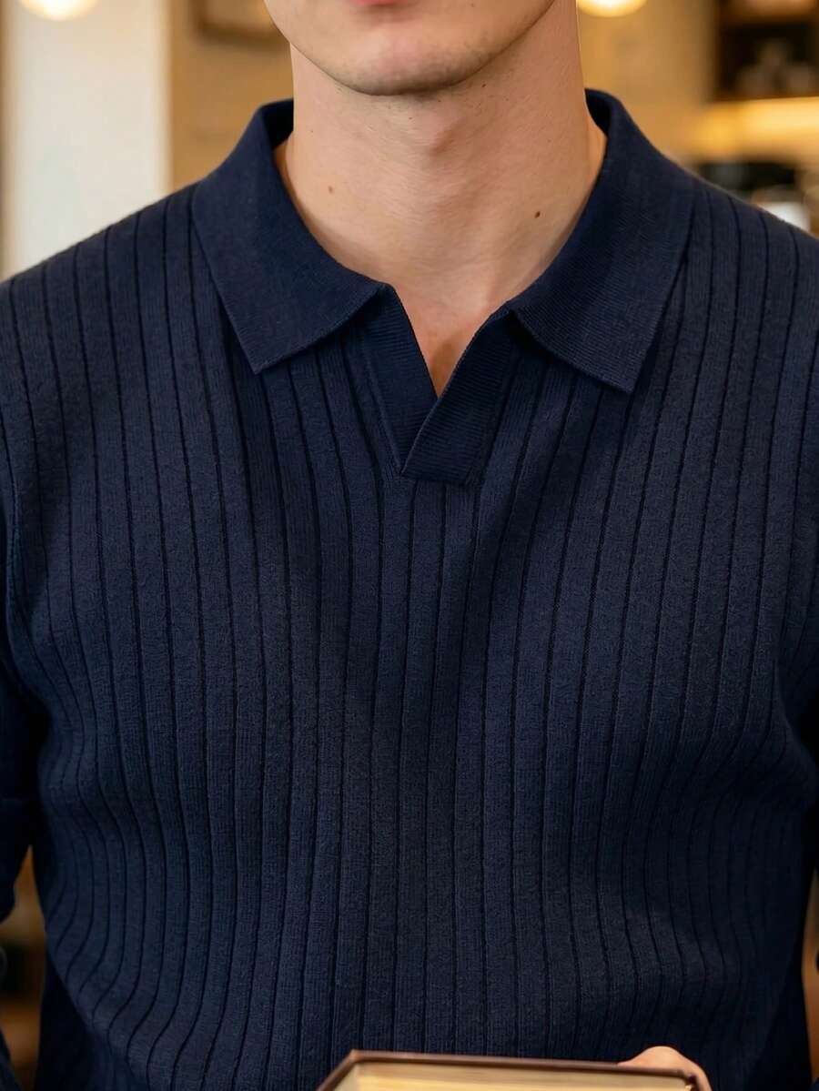 Geripptes Strick Poloshirt Herren Langarm Minimalistisch