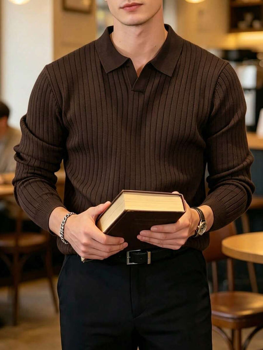 Geripptes Strick Poloshirt Herren Langarm Minimalistisch