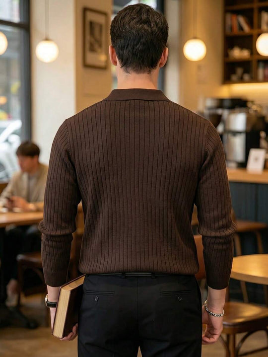 Geripptes Strick Poloshirt Herren Langarm Minimalistisch
