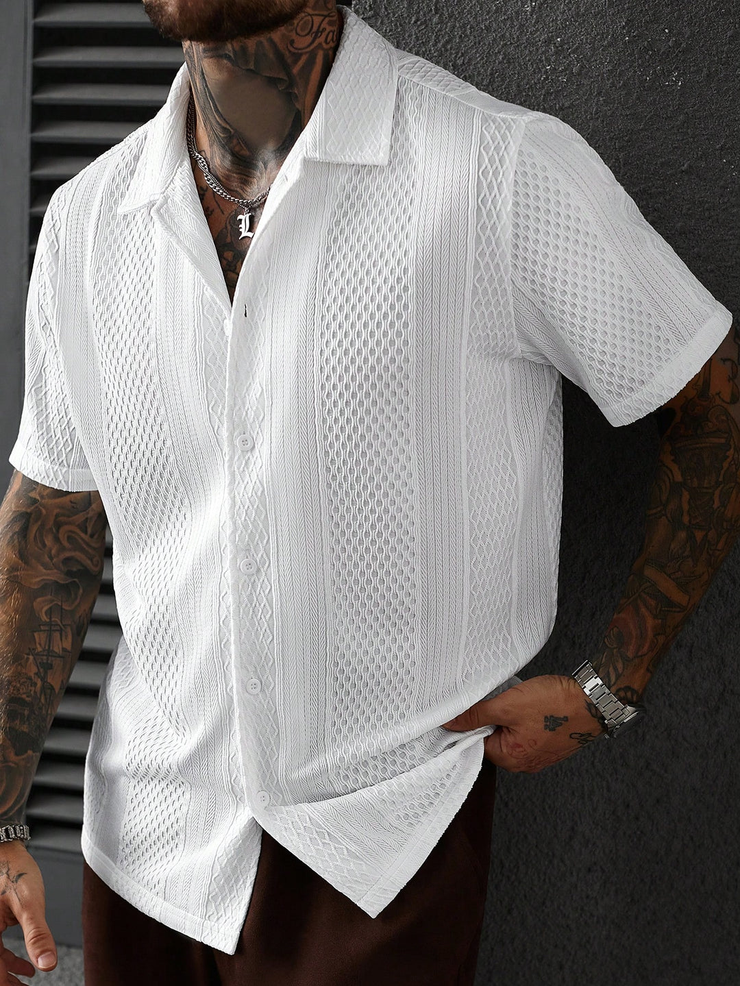 SLATEMANN Men's Solid Color Jacquard Knit Short Sleeve Shirt