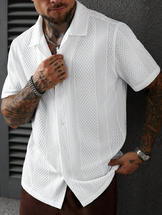 SLATEMANN Men's Solid Color Jacquard Knit Short Sleeve Shirt