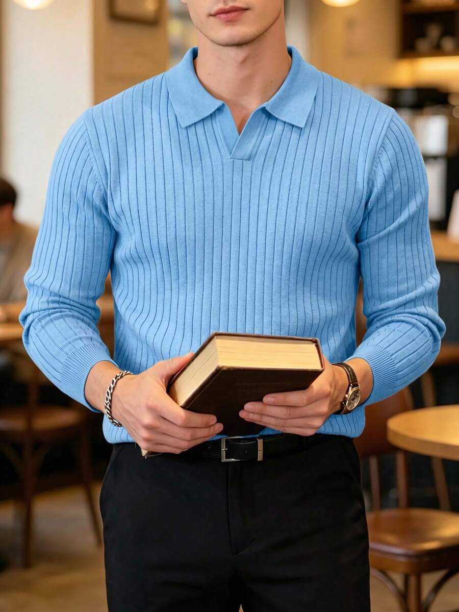 Geripptes Strick Poloshirt Herren Langarm Minimalistisch