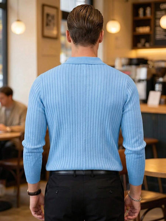 Geripptes Strick Poloshirt Herren Langarm Minimalistisch